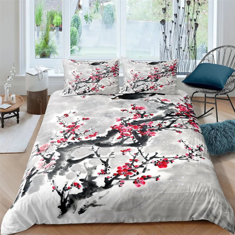 

Landscape Painting Duvet Cover Set 3D White Crane Bamboo Art Pattern Comforter Cover King Polyester Bedding Set for Kid Boy Girl
