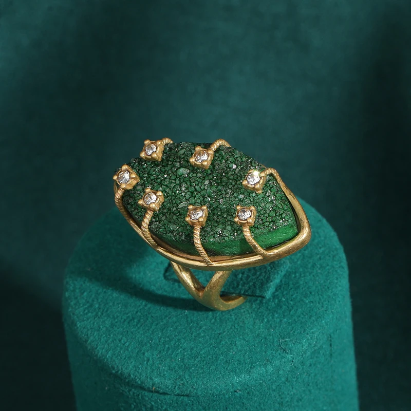 Фото Vintage Wedding Rings for Women Round Blue Natural Oval Green Crystal Horse Eye Shape Glass Retro Pattern Gold Color Jewelry №3