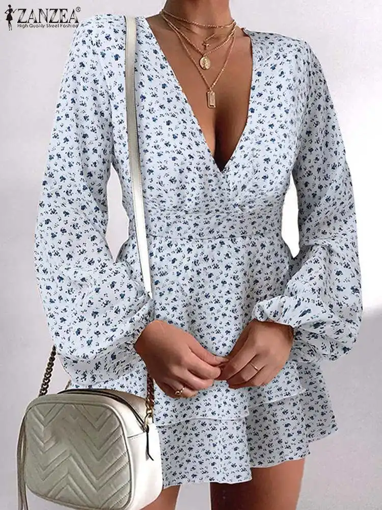 

ZANZEA Chic Long Sleeve Mini Robe 2022 Spring Summer Holiday V Neck Dresses Oversized Women's Elegant Floral Printed Short Dress
