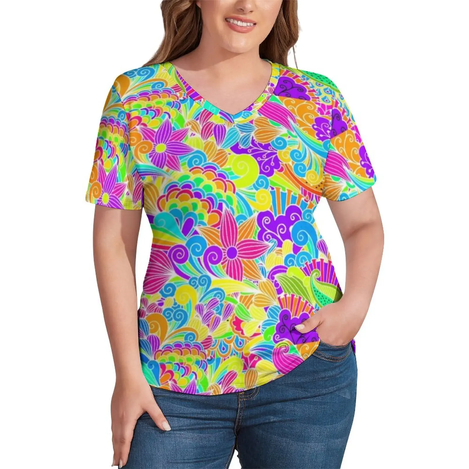 

Colorful Hippy T Shirt Retro Floral Print Pretty V Neck T Shirts Short Sleeves Simple Tee Shirt Beach Top Tees Plus Size 2XL 3XL