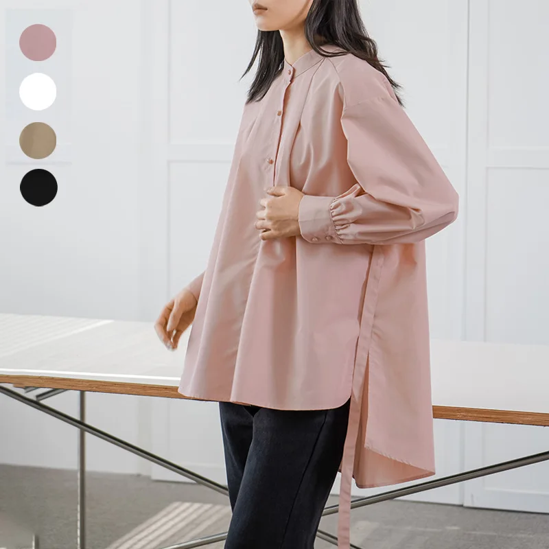 

Loose Oversized Shirt Mid-length Side Slit Women's Blouse Stand Collar Long-sleeved Shirt Japan and South Korea 2023 Spring New