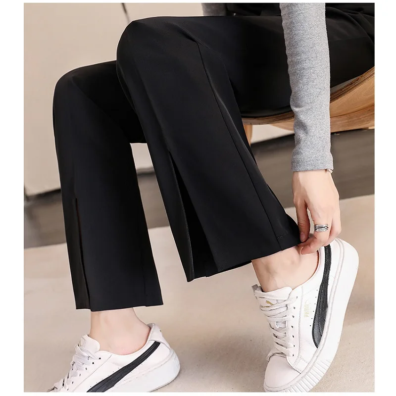 Women Black Front Slit Pants Chic Fashion Office Lady Long Straight Trousers Elastic High Waist Pencil Loose Trousers Jumpsuits images - 6
