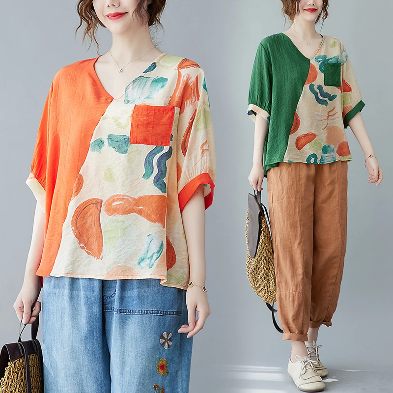 

Artistic Color Matching Printing V-neck Cotton Linen Short Sleeved Shirt Loose Casual Slim Shirt Top