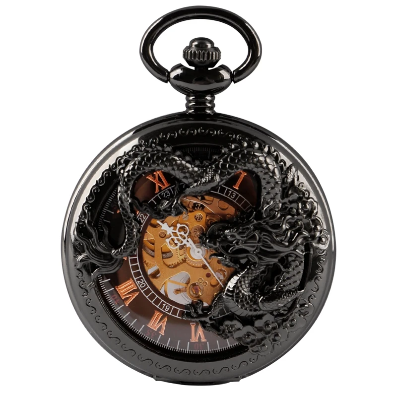 Fashion Steampunk Black Flying Dragon Embossed Mechanical Pocket Watch Vintage Bracelet Waist Chain Accessories Gentleman Watch