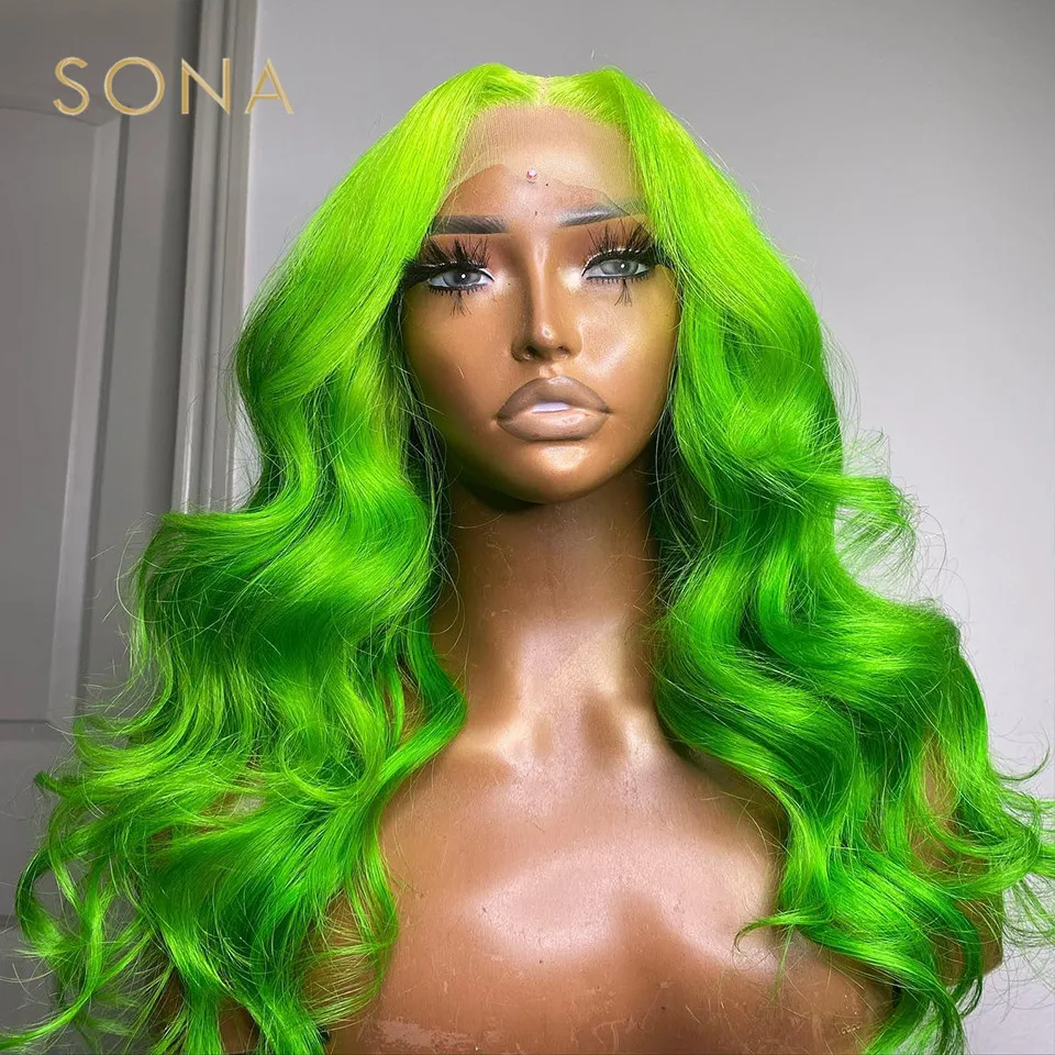

Lime Green 13x4 Lace Front Wigs For Women Colored Human Hair 13x6 HD Transparent Lace Frontal Wig Body Wave Pre Plucked