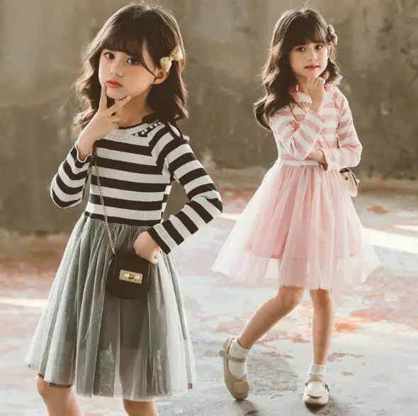 

Girls Dress Autumn Kids Striped Long Sleeve Patchwork Mesh Princess Party Bead Dresses for Baby Girls Clothes 4 -12 Years