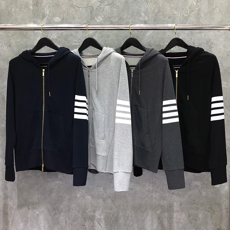 TB THOM Men’s Cotton Hoodie Women’s Zip-Front Hoodie Classic 4-bar Striped Jersey Jacket Spring Autumn High Quality Orginal Coat