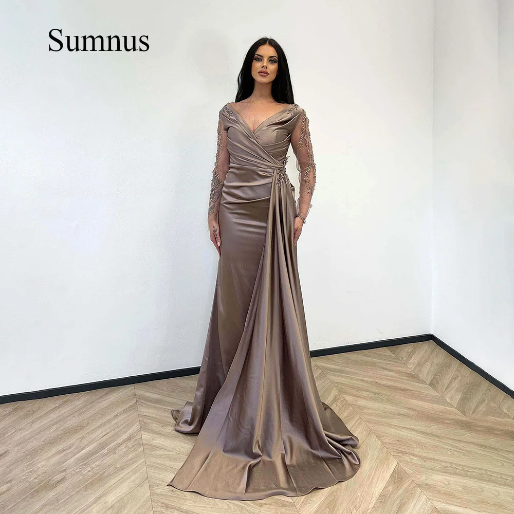 

Sumnus Mermaid Evening Dresses Beads Long Sleeve Sexy V Neck Ruched Satin Arabic Evening Gowns With Train Robe de Soiree 2023