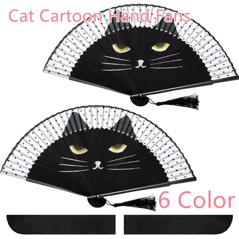 

6 Color Cat Chinese Cartoon Silk Fashionable Japan Style Hand Fans Popular Lovely Kitty Fan Handheld Folding Girls Show Fans