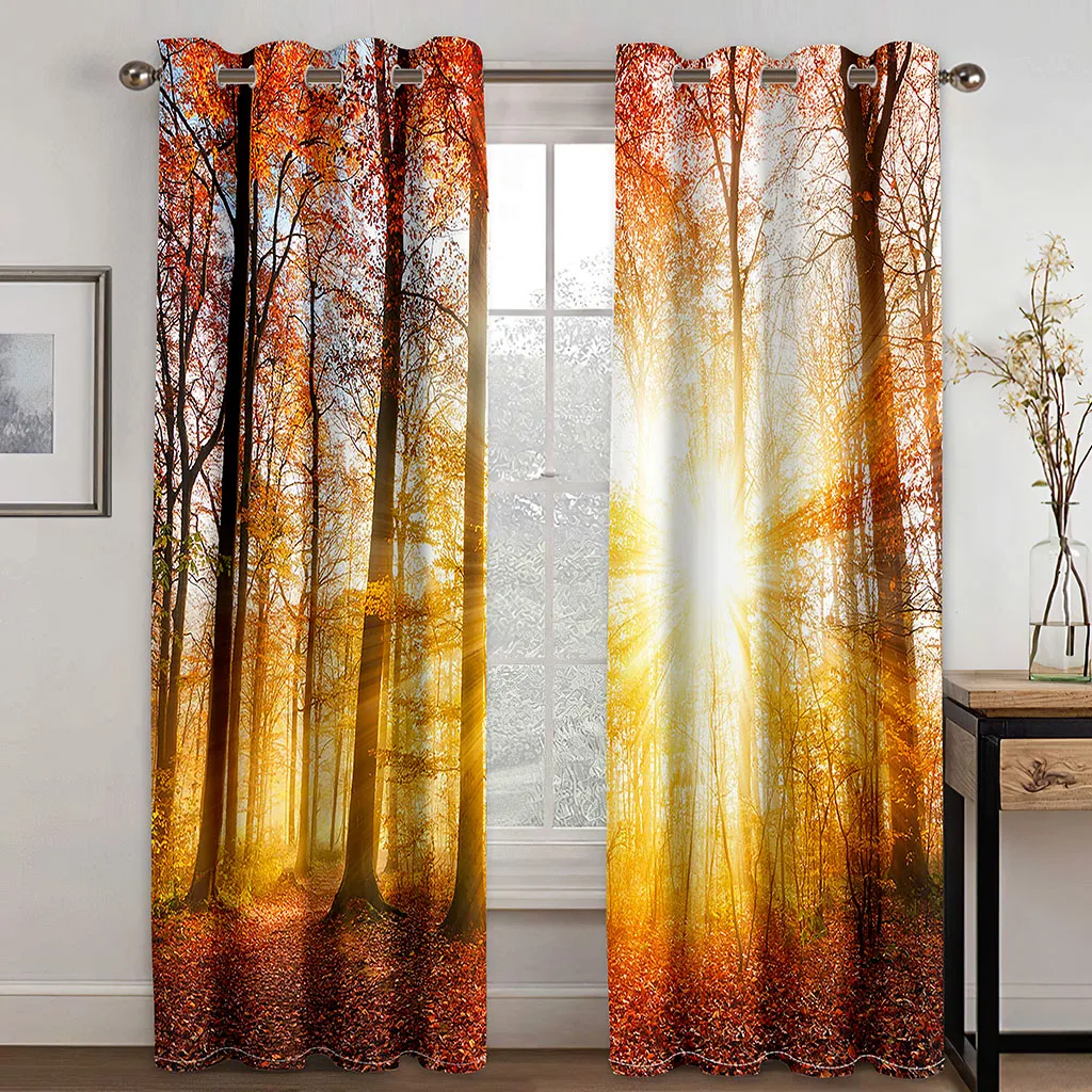 

3D Window Curtain Autumn Forest Curtains Living Room Bedroom Natural Landscape Perforated Treatment Drapes Polyester Fabric