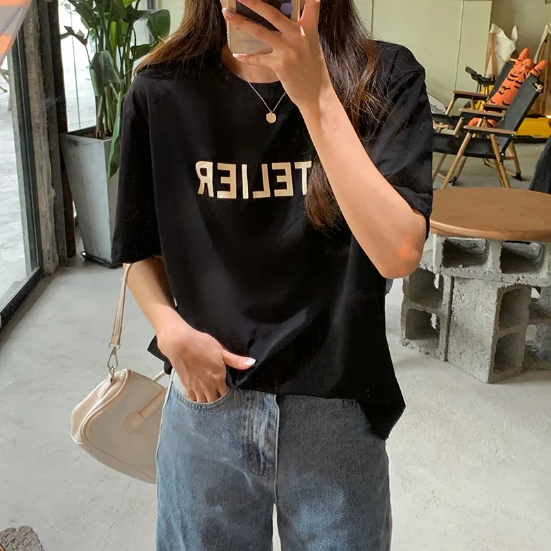 

CGC Summer Cotton Women T-shirt 2022 New Letter Print Oversized Tees Short Sleeve Loose Top Female O-neck Korean Fashion T-shirt