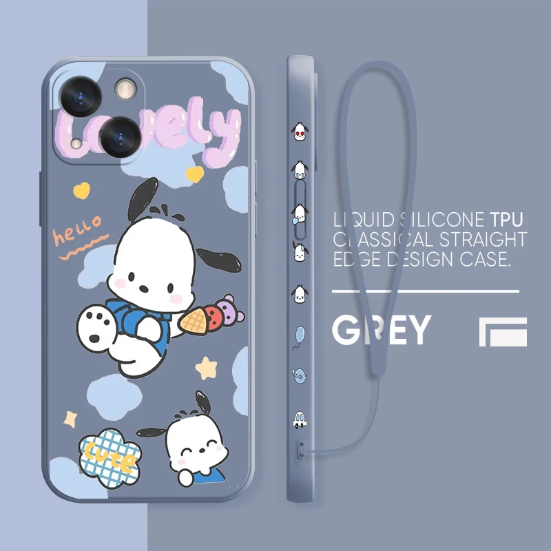 

Pochacco Cute Cartoon Sanrio Case For Apple iPhone 14 13 12 Mini 11 Pro XS MAX XR X 8 7 SE Plus Liquid Left Rope Phone Cover