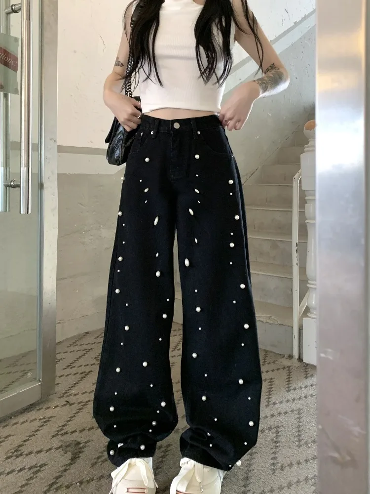 

Новинка весна-лето 2023, дизайнерские просторные повседневные мешковатые джинсы с ощущением жемчуга, модные женские длинные брюки с прямыми штанинами