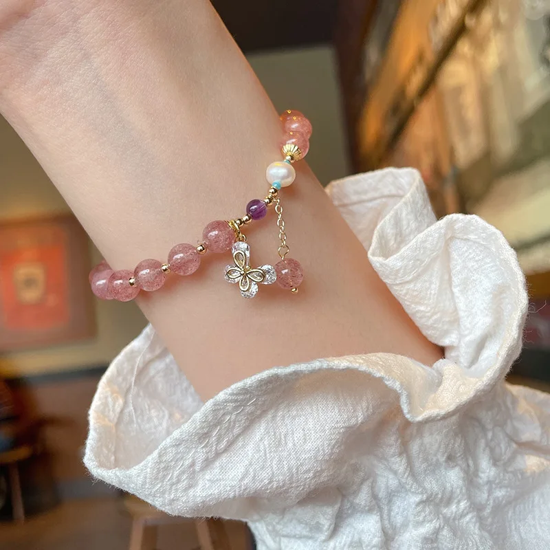 Fashion Ethnic Natural Stone Strawberry Crystal Bracelet for Women Butterfly Pendant Hand String Girlfriend Valentine Gift Party