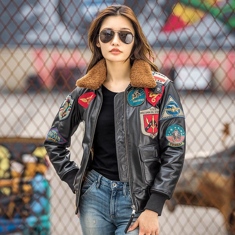 Black TOP GUN Maverick G1 Jacket Women Military Style Natural Thin Sheepskin Winter Warm Aviator Genuine Leather Coats