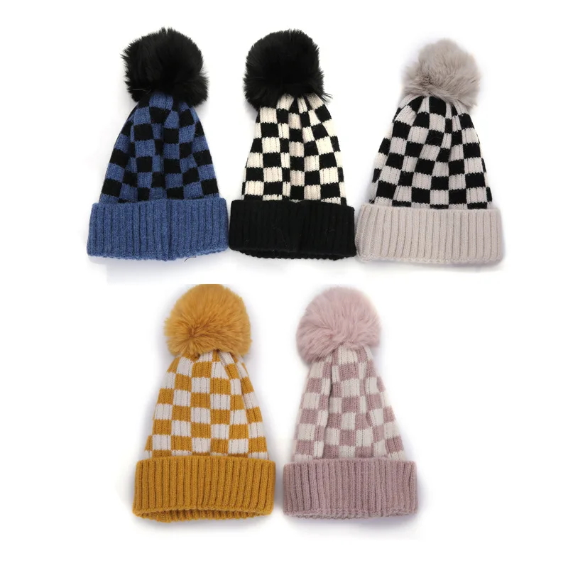 

Checkered Checkerboard Pattern Beanie Knitted Soft Warm Slouchy Skull Ski Cap Faux Fur Pompom Winter Hat