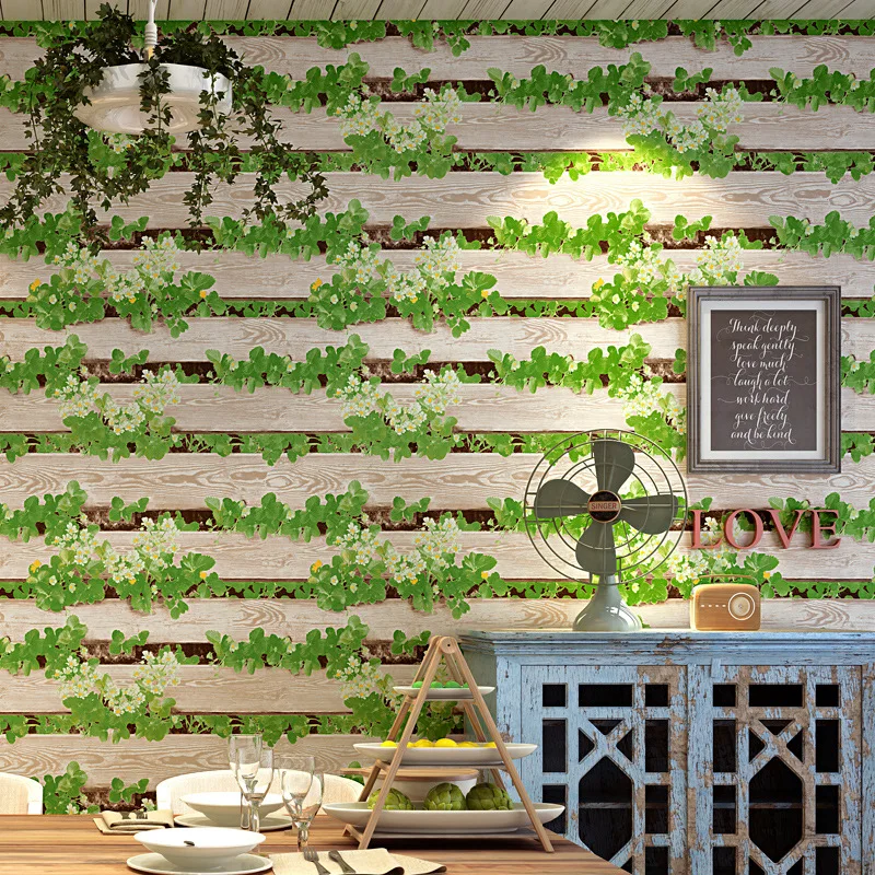 

Restaurant Hotel Small Restaurant Wallpaper Retro Ivy 3d Three-dimensional Green Leaf Wood Grain Wallpaper Wallpap