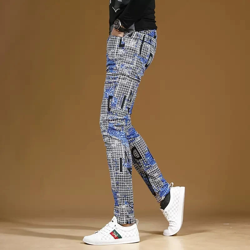 Autumn Men Blue Plaid Printed Jeans Fashion Slim Fit Straight Pants Streetwear Casual Denim Trousers