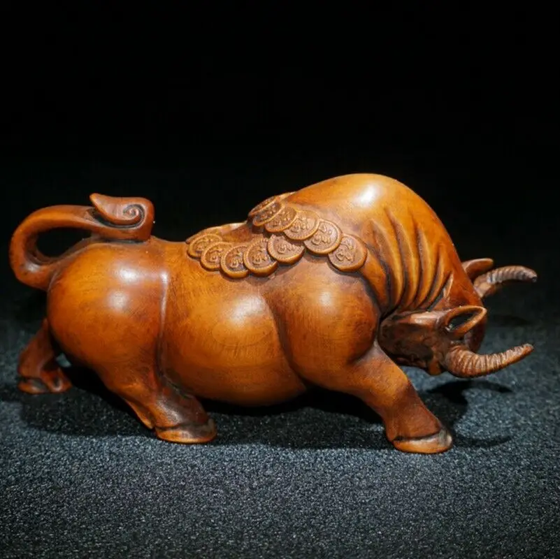 

Китайская деревянная резная вручную статуя из бокса, декоративная статуя для крупного рогатого скота, художественные подарки