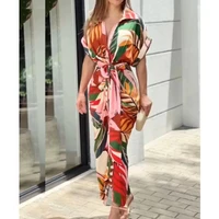 btfg 2022 new summer fashion womens print lapel long sleeve high waist single breasted short sleeve v neck elegant dress