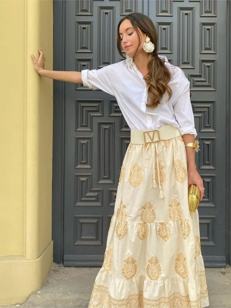 Юбка женская с винтажным принтом модная повседневная свободная длинная юбка на