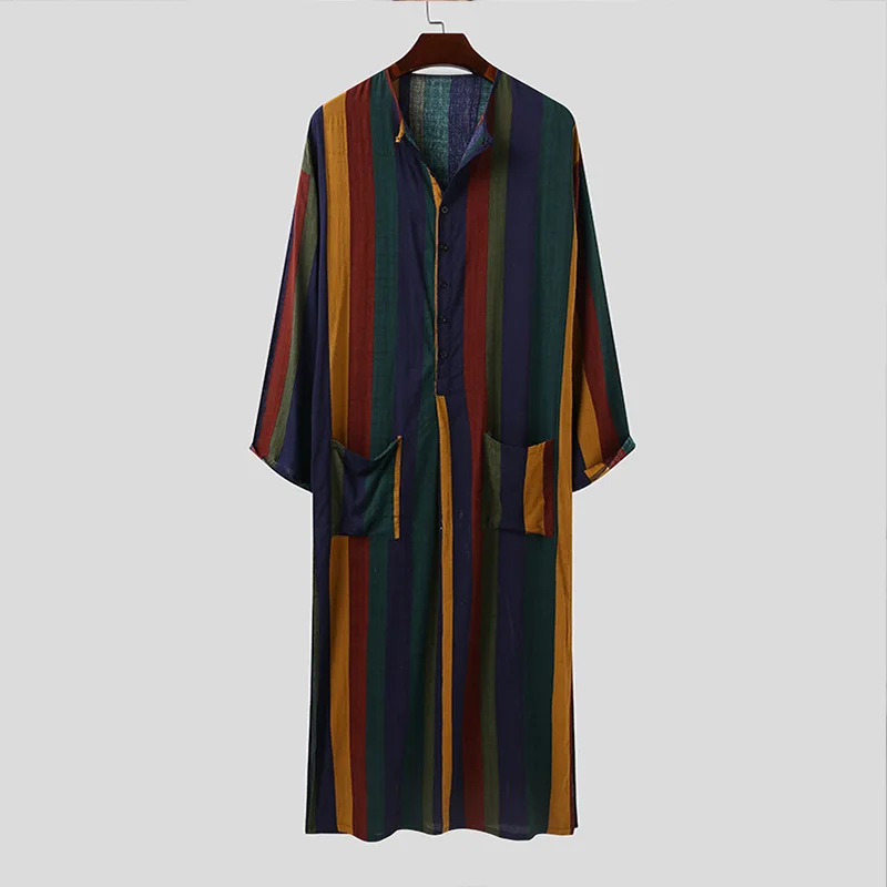 Muslim Clothing Men Robes Men Length Long Sleeve Arabic Stripe Printed Muslim Costumes Shirt Ensembles Musulmans Muslimische Set