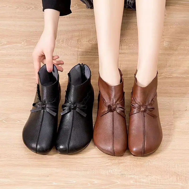 New Woman Retro Wind Chelsea Boots Autumn Leather Soft-Soled Short Boots Footwear Leather Ankle Boots For Female Wedges Boots