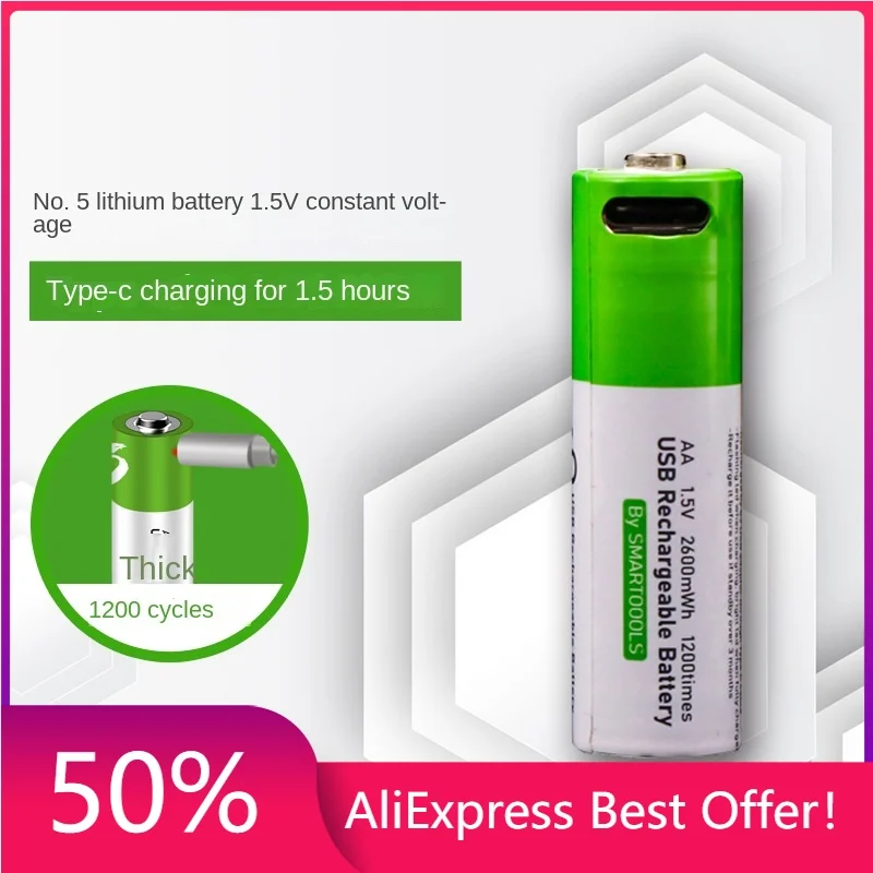 

High Capacity Rechargeable Batteries 5# 1.5v 2600mWh Fast Charge Type-C Port AA Battery for Toys and Doorbells