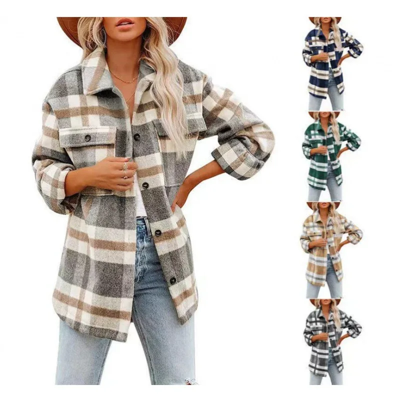 

Fashion Long Sleeved Loose Plaid Shirt Woolen Coat Women's Autumn Winter Casual Loose Pocket Shirt Coat Top Women Jacket