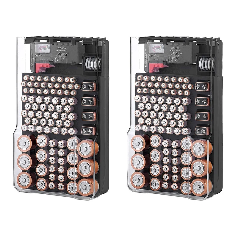 

2X The Battery Storage Case,Organizer With Hinged Clear Cover, With Battery Tester, Holds 93 Batteries Various Sizes