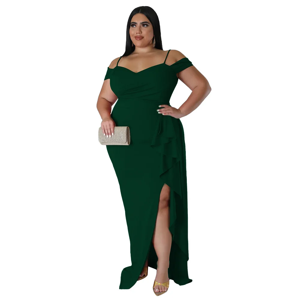 Plus Size Sexy Women Evening Dress Spaghetti v Neck Short Sleeves Side Split Ruffles Elegant Casual Part 3xl 4xl 5xl 6xl