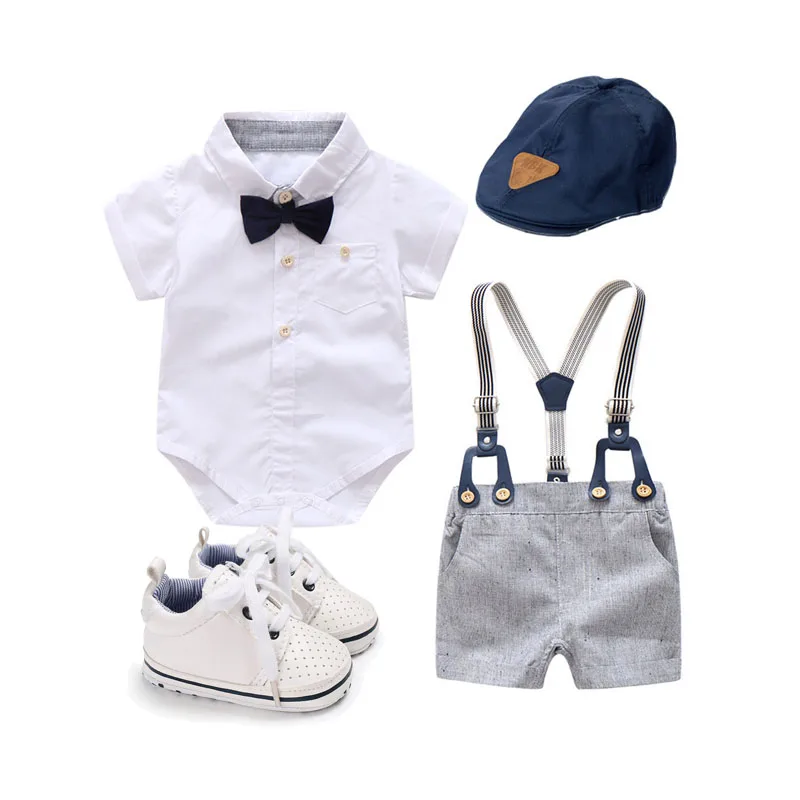 Baby Clothes Boy Gentleman Outfit Bow Tie One-pieces Romper with Suspender Shoes Infant Toddler  for Wedding Birthday