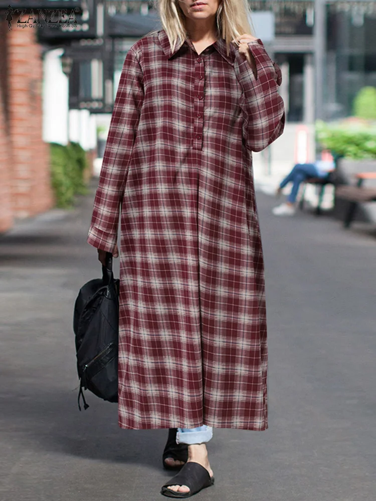 

ZANZEA Casual Oversize Shirt 2022 Spring Plaid Check Maxi Tops Women Vintage Lapel Button Blusa Fashion Long Sleeve Baggy Blouse