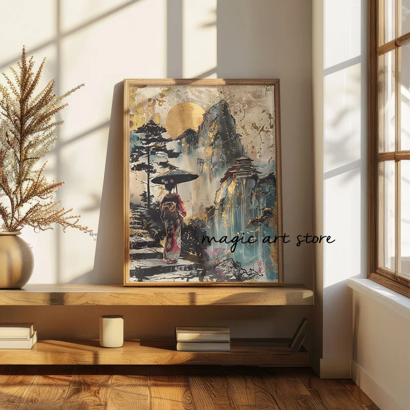 Ретро Moody японская геиша женщина Горный пейзаж картина Kanji художественный постер