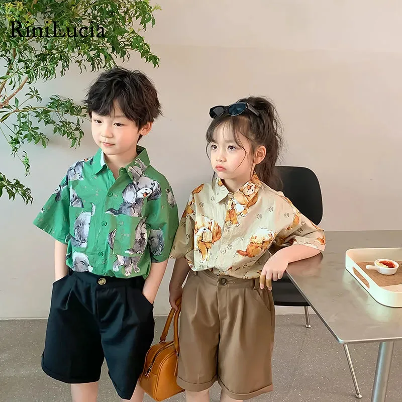 

RiniLucia Children's Clothes Shirts 2022 Summer Fashion Cotton Cartoon Print Baby Girl Shirt Lapel Boy's Shirt Blouse Tops