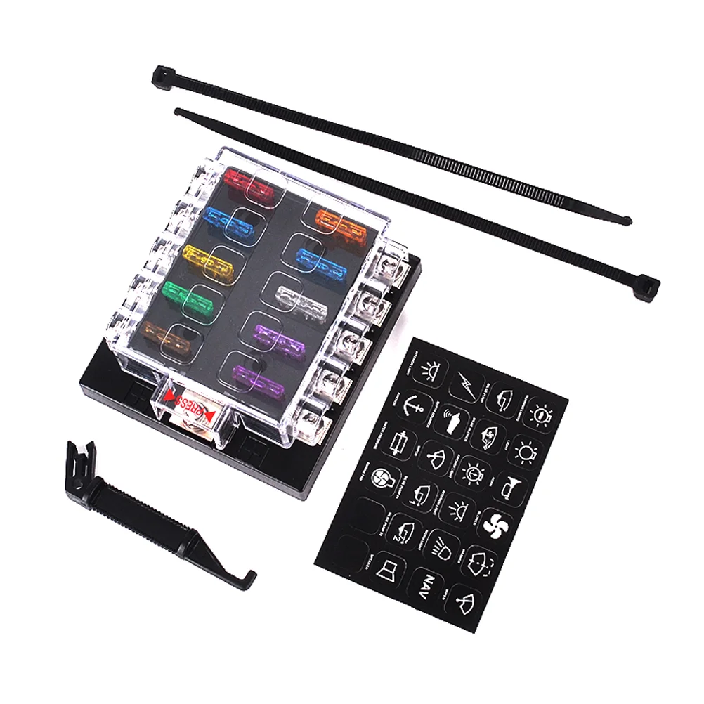 

10-Way Block Fuse Box Holder with Fuse for Automotive Marine (1*Fuse Holder + 10*Fuse +2*Tying Band + 1* Fuse Clamp +