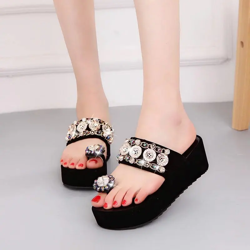 Women Sandals Summer Rhinestone Platform Slipper Height Increasing Beach Toe Ring Slides