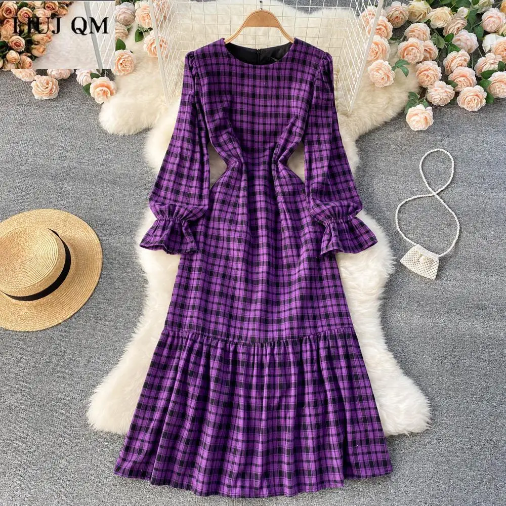 

Vintage Purple Plaid Dress Women Dresses 2022 Spring Autumn New Ladies O-neck Flare Sleeve Korean A-line Long Dress Robe Femme