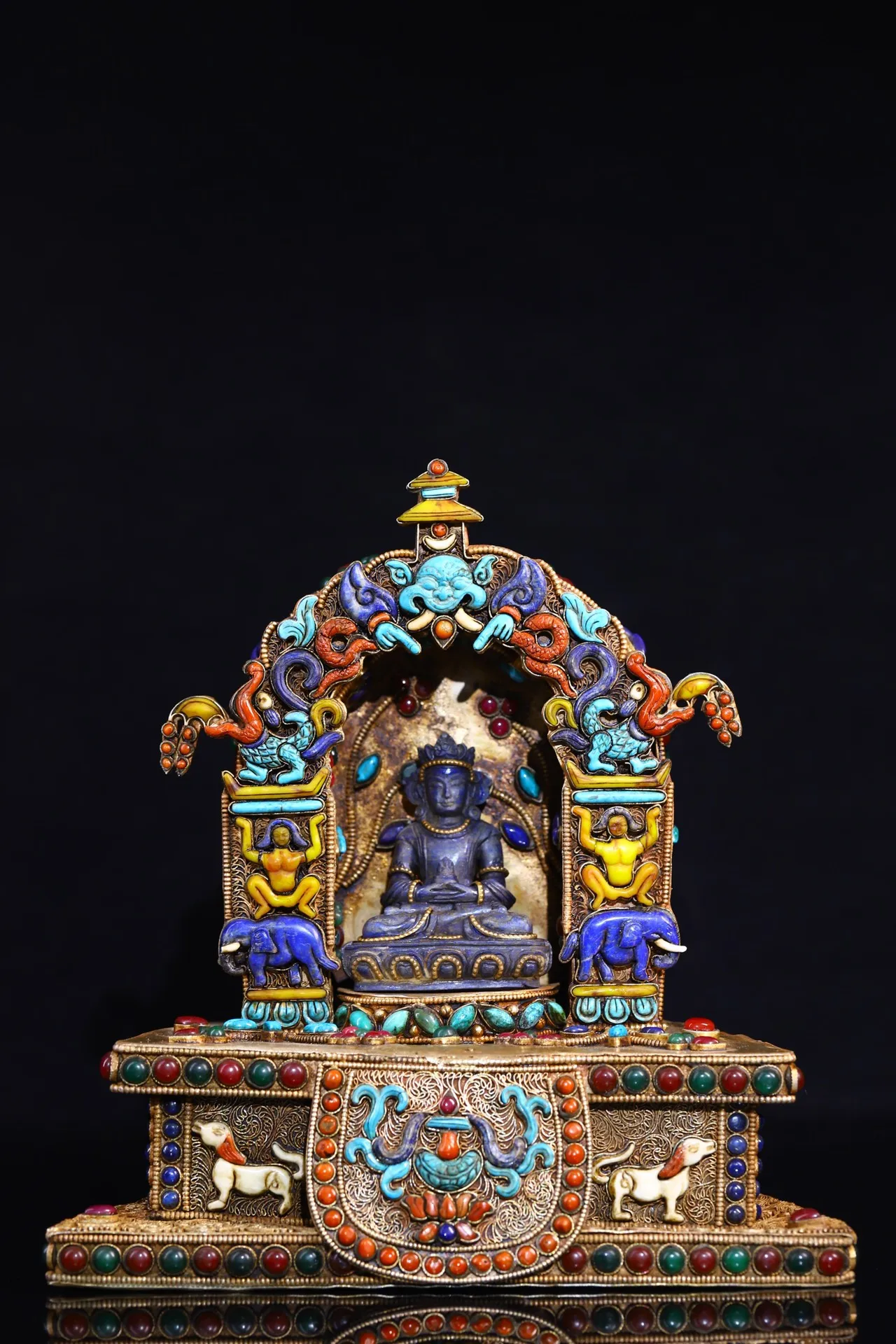 

10" Tibetan Temple Collection Old Tibetan silver Gilt mosaic Gem Buddhist niche natural lapis lazuli Longevity Buddha Town house