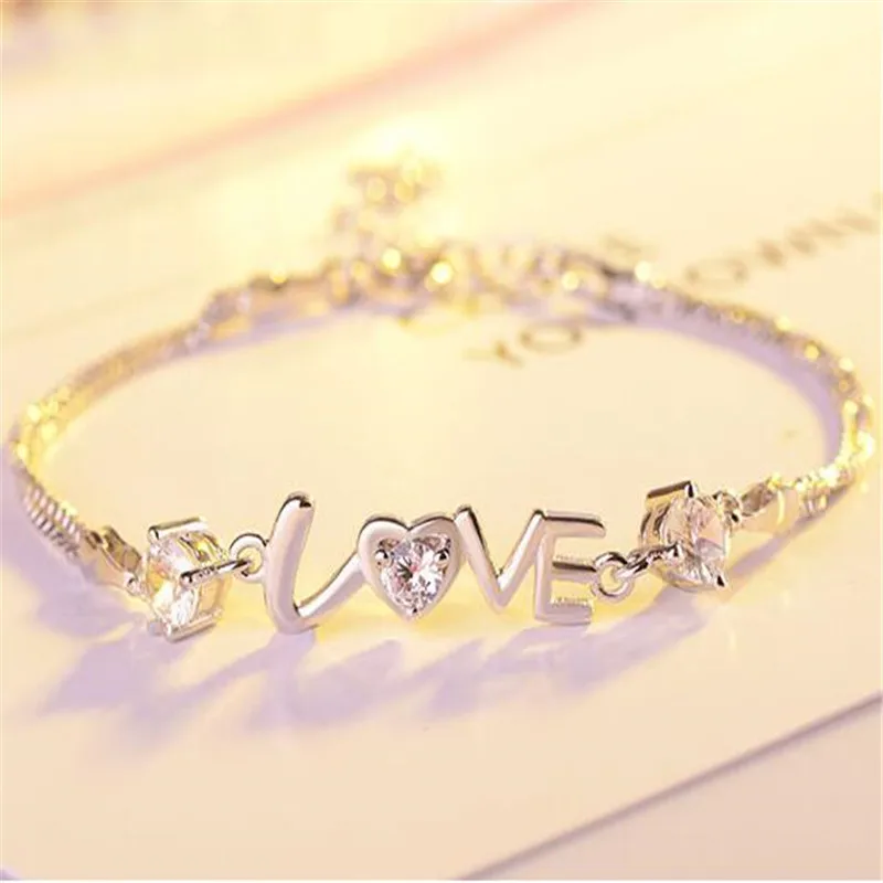 

925 Stamp Silver Color Bracelet Heart Love Round Cubic Zirconia Double Layer Chain Linked For Women Charm Bangle Jewelry Gift