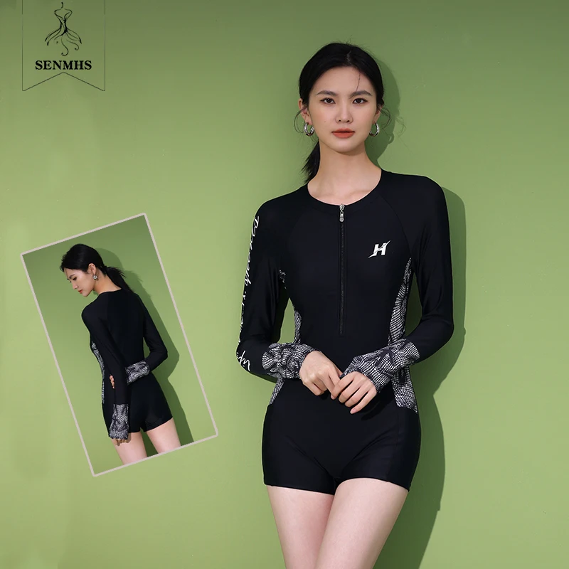 

SENMHS Women's Swimwear 2023 Summer One Piece Long Sleeved Surf Suit Sunscreen Diving Suit Sexy Professional Beach Swimsuit