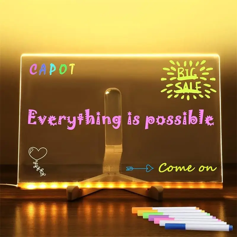 

LED Letter Message Board Note Glass With 7 Colorful Pens Erasable Neon Sign Clear Glass Writing Board beer bar Clear Dry Erase B