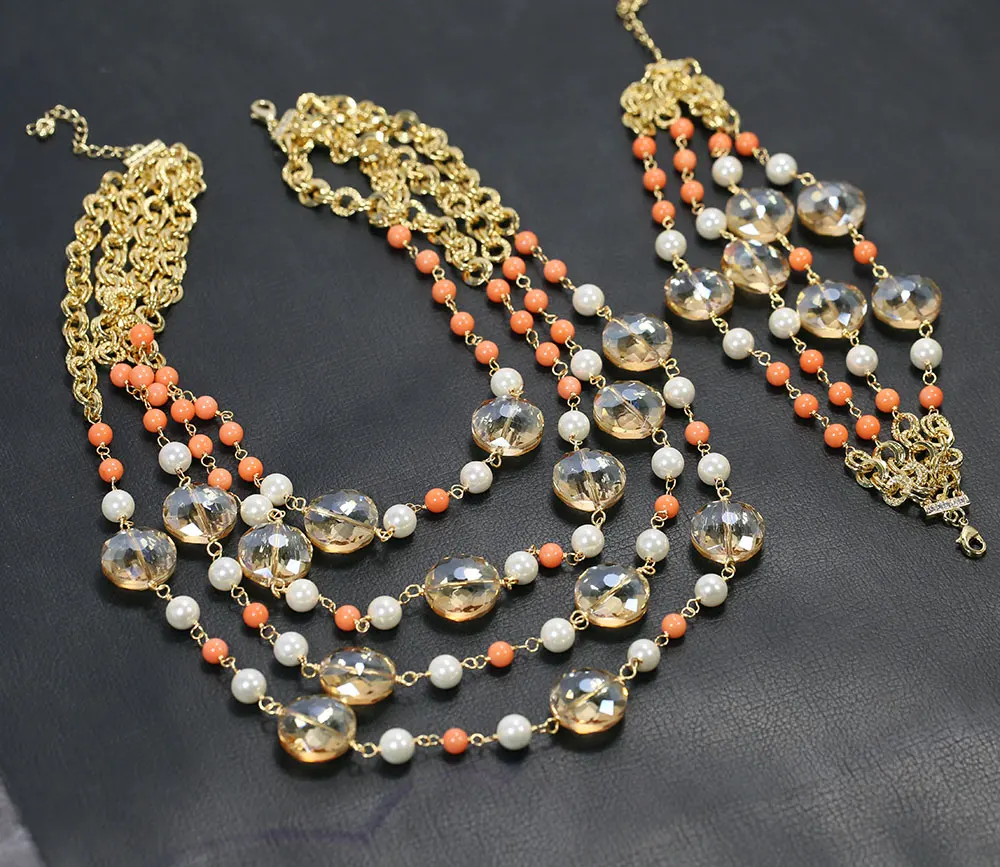 

GG Jewelry 4 Rows Orange Coral White Shell Pearl Yellow Crystal Chain Necklace Bracelet Earrings Sets Handmade For Women