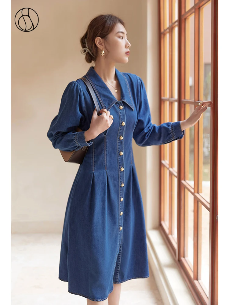 DUSHU Slightly Fat Lady Polo Collar Full Puff Sleeve Dress Slim Waist Mid-Calf A-LINE Skirts Office Lady Denim Blue Dress