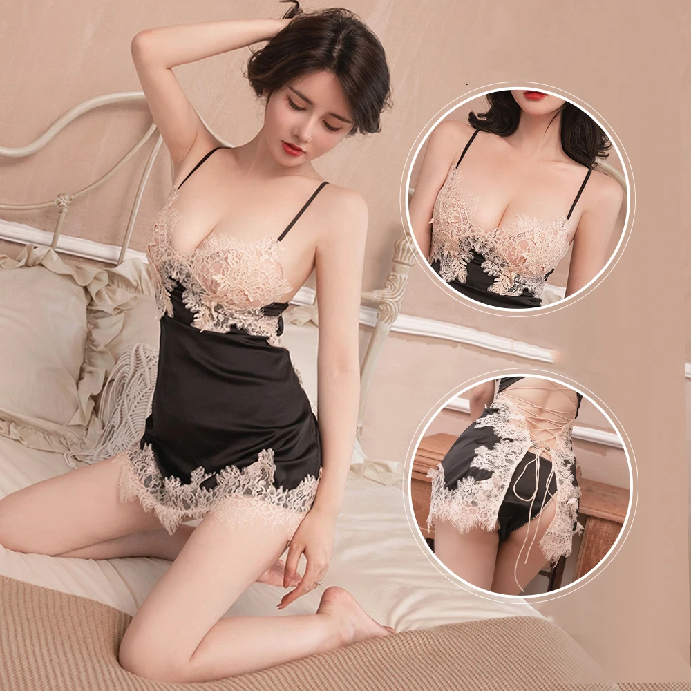 

Women's Sexy Lingerie Silk Sleepwear Lace Through Night Dress Underwear Party Nightie Nightgowns Homewear Clothing Female Summer