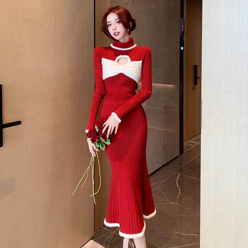 

Turtleneck Hollow Out Spliced Red Knitted Sweater Dress 2022 Autumn Winter Women Elegant Vintage Slim Christmas Dresses 9999