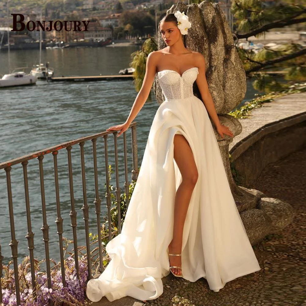 

BONJOURY Fashion Wedding Dresses 2023 For Women High Slit Sweetheart A-line Vestido De Noiva Tulle Made To Order Bride Formal
