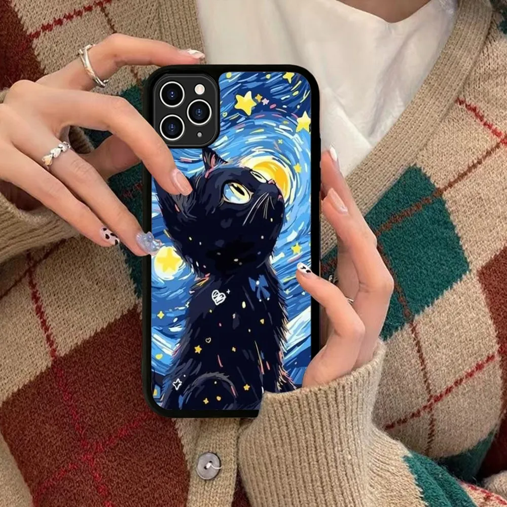 Artistic Black Cat Starry Night Silicone PC+TPU For IPhone 11 12 13 14 15 16 Plus Pro Max Cover