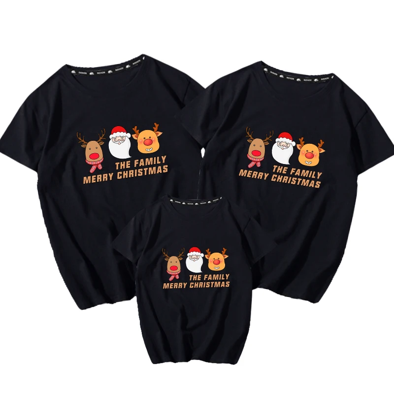 

2022 Christmas Man Deer Santa Claus 100% Cotton Family Matching Outfits Summer Off Shoulder Couple T Shirts