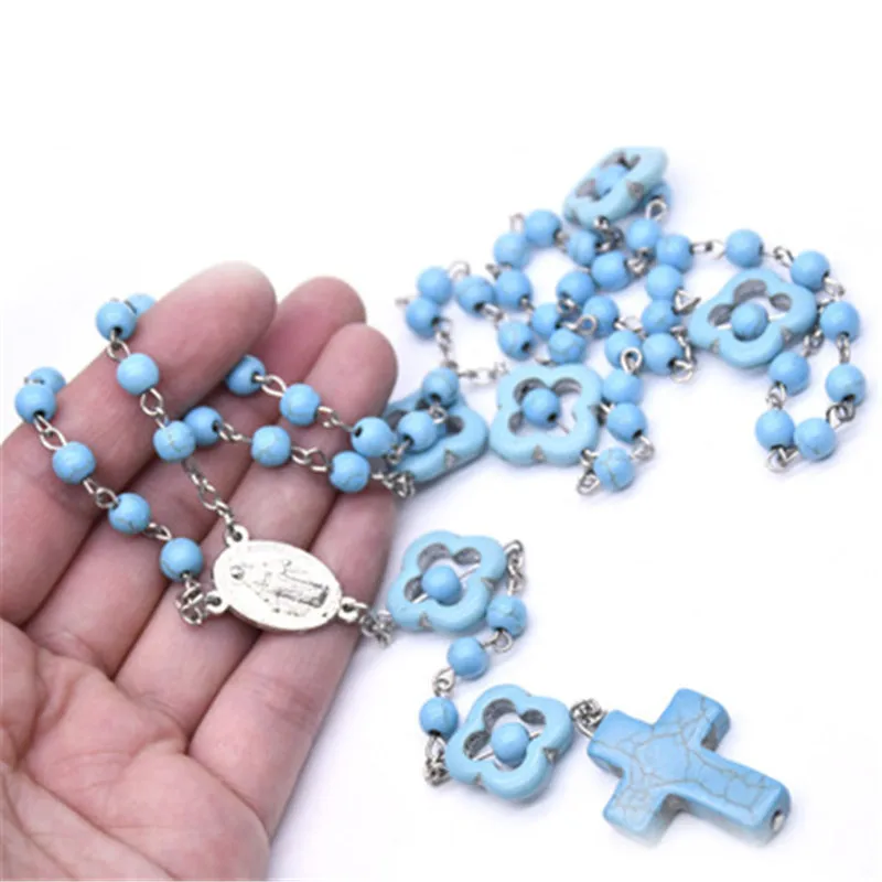 

Handmade DIY Religious Catholic Orthodox Rosary Blue Turquoises Praying Cross Pendant Necklaces